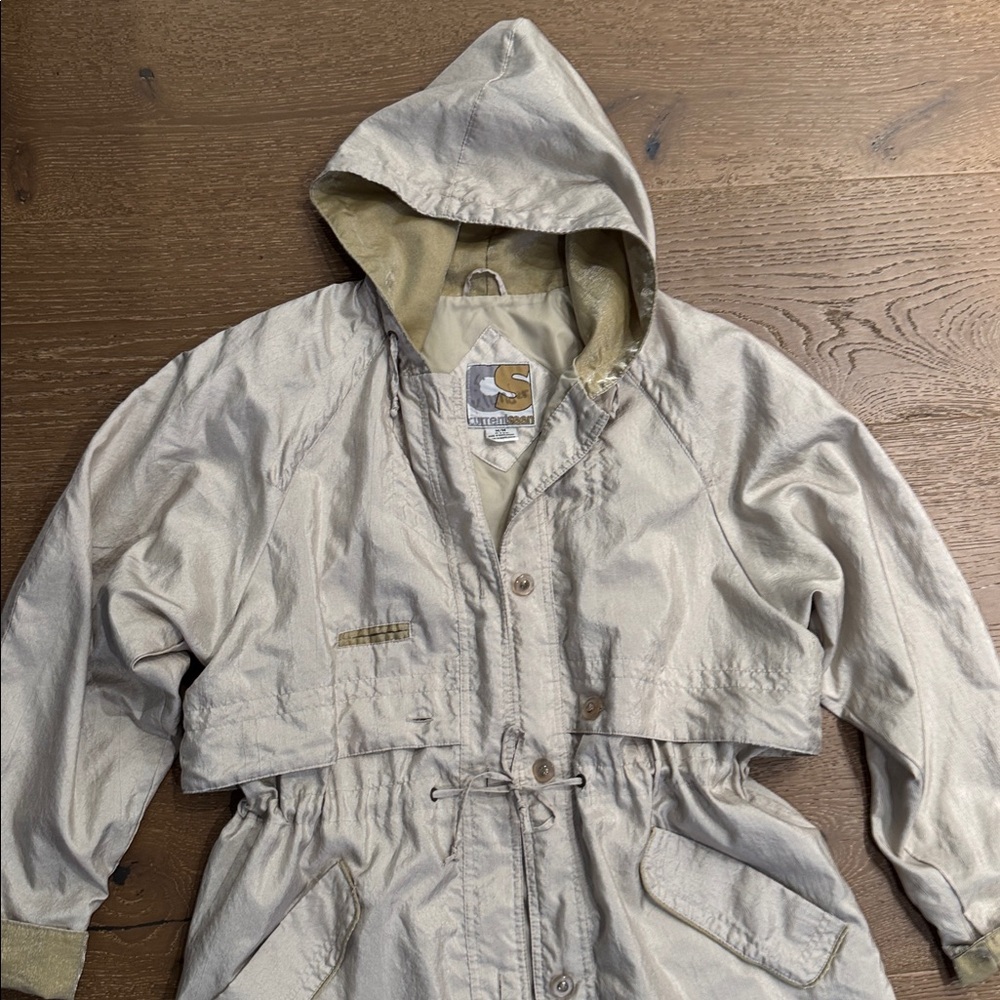 Vintage Style Hooded Utility Jacket Beige Drawstring Waist Size M - Picture 3 of 7